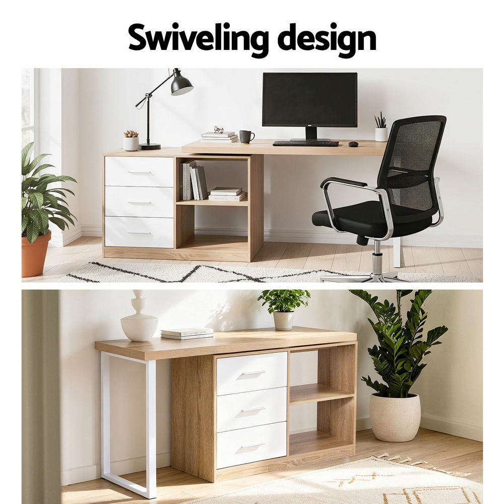Artiss Computer Desk Swivelling L shape Home Office Storage Cabinet Oak