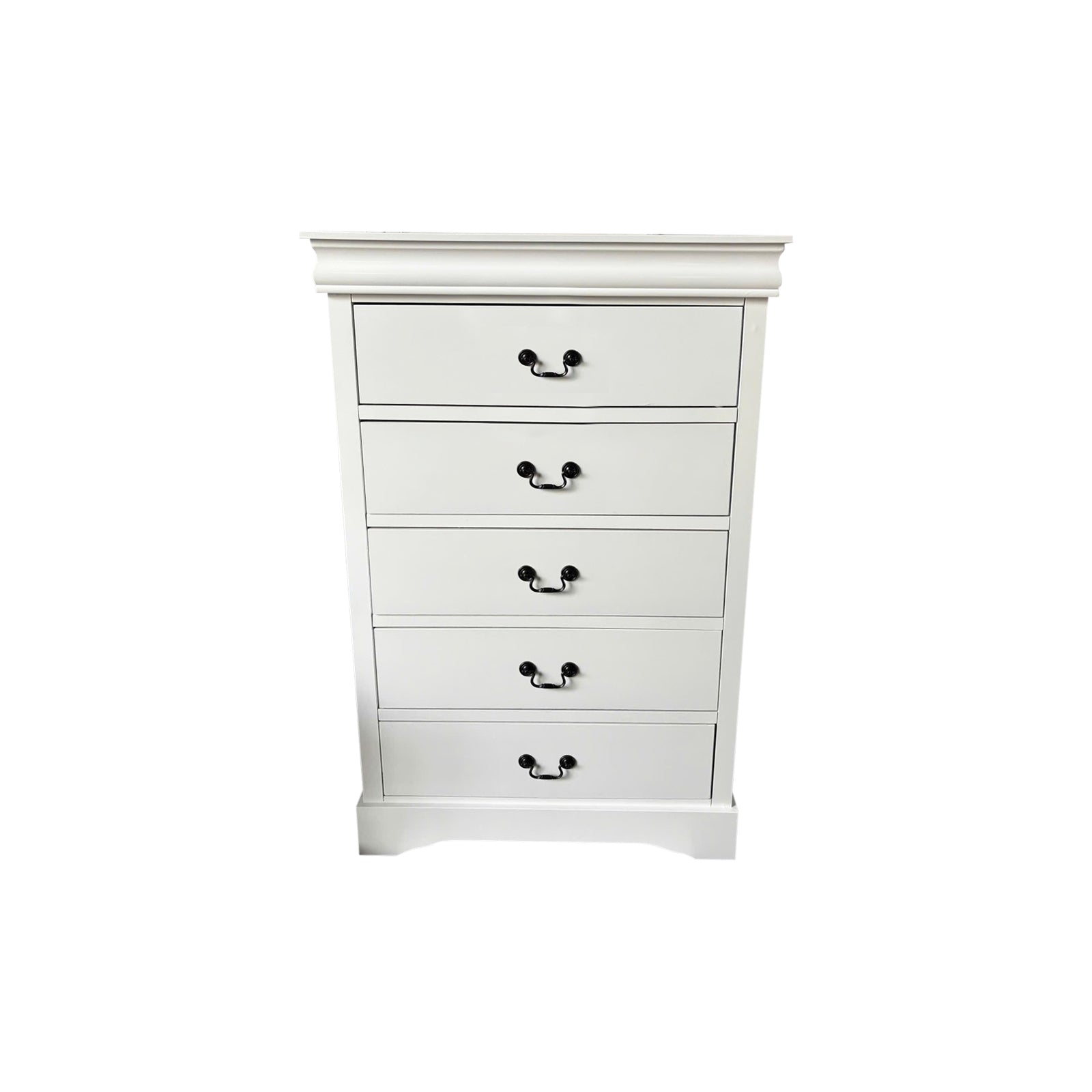 Tallboy with 5 Storage Drawers in Solid Wooden Metal Handles White Colour